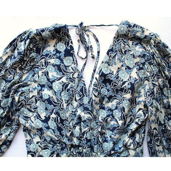REISS Daisy Puff Sleeve Print Mini Dress / Size 6 / Blue White Floral V-Neck - Picture 9 of 13